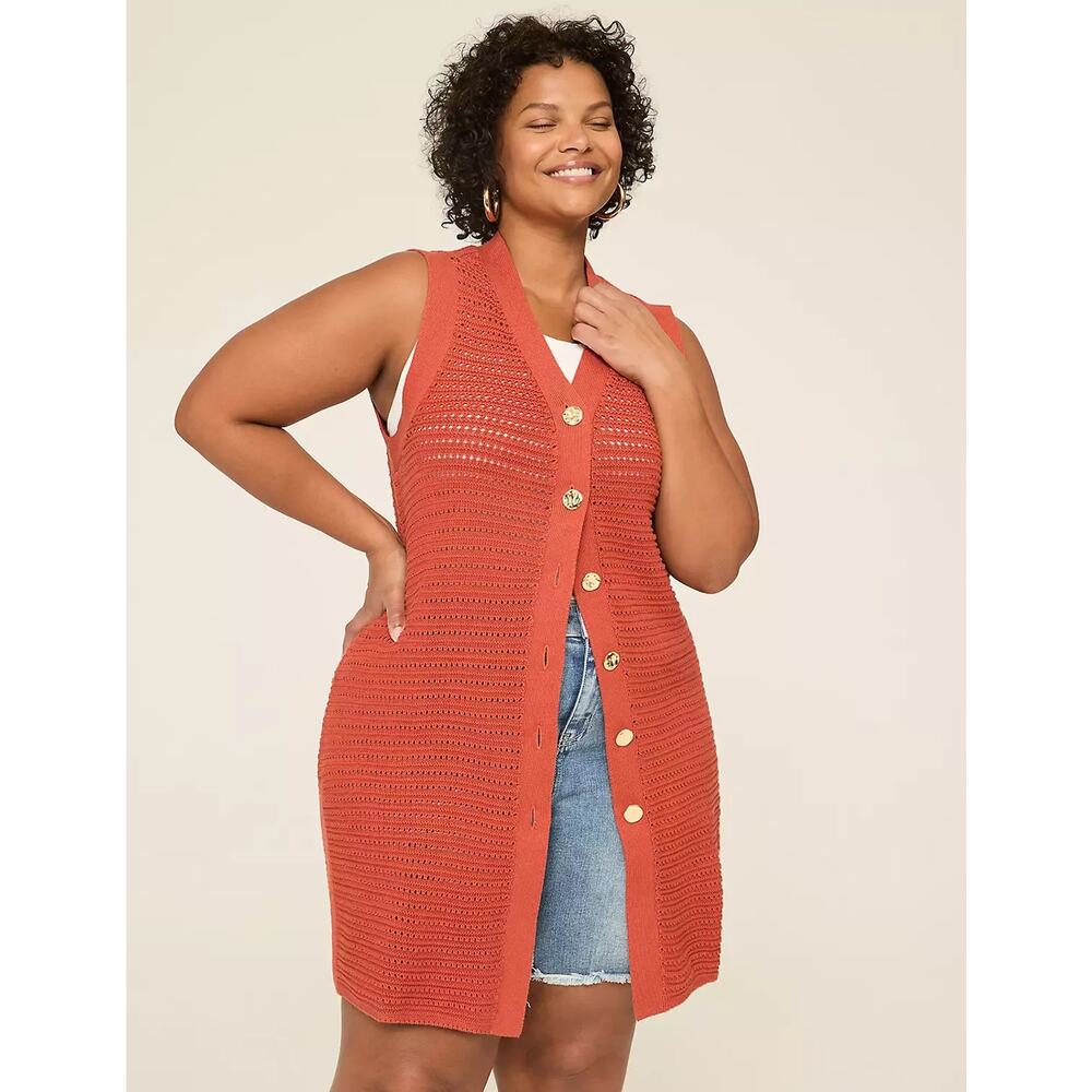 Lane Bryant Plus Size 22/24 Cardigan Open Knit Duster Sweater Gold Button Orange